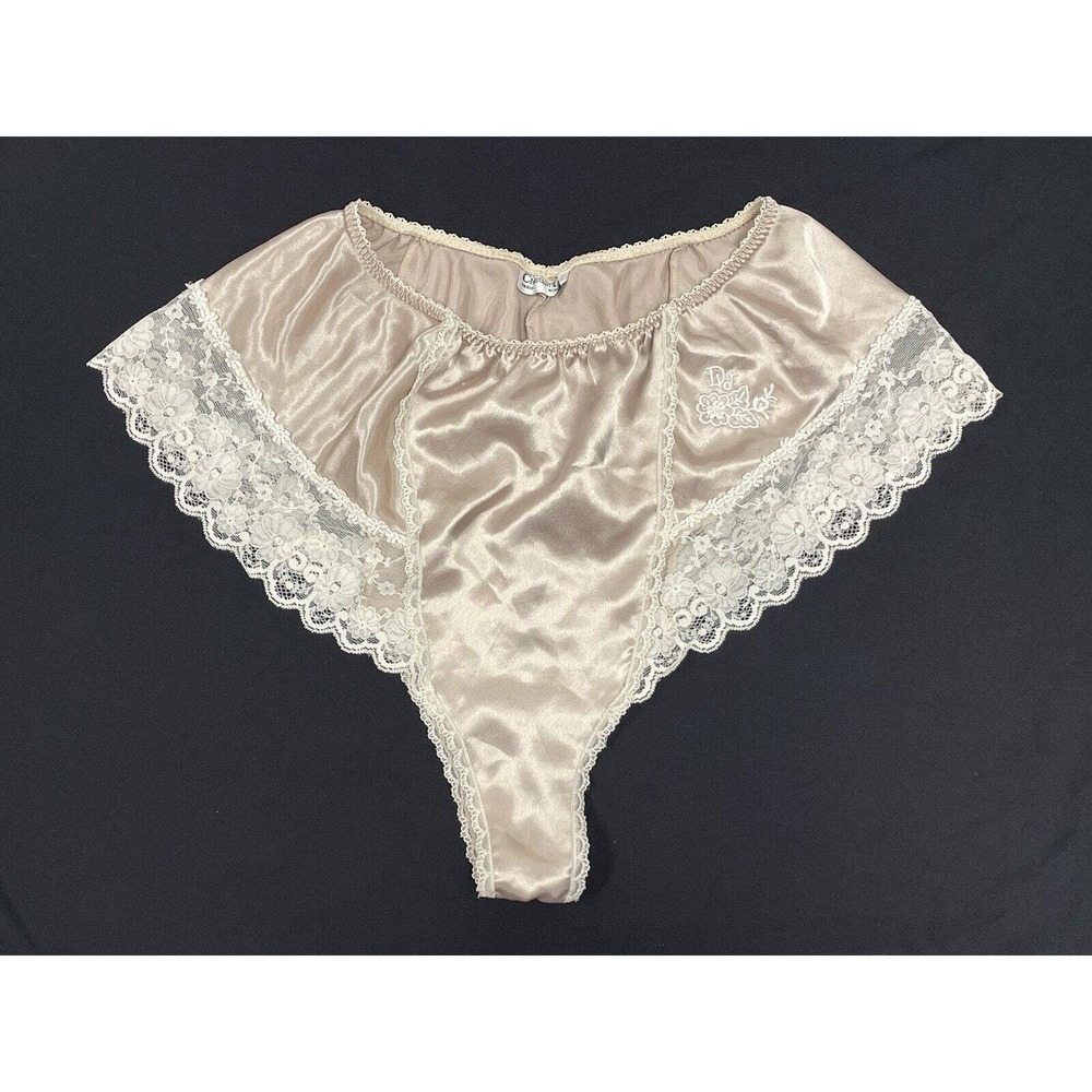 Vintage Christian Dior Beige Hight Waisted Lace Shiny Knicker Brief Panties Sz 7